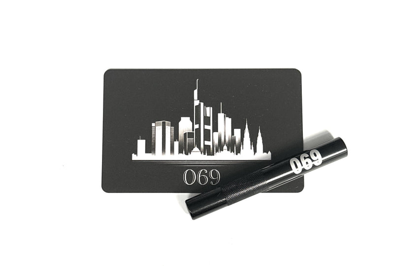 Aluminum tube set in black/ribbed (70mm) with laser engraving and hack card “069” Frankfurt