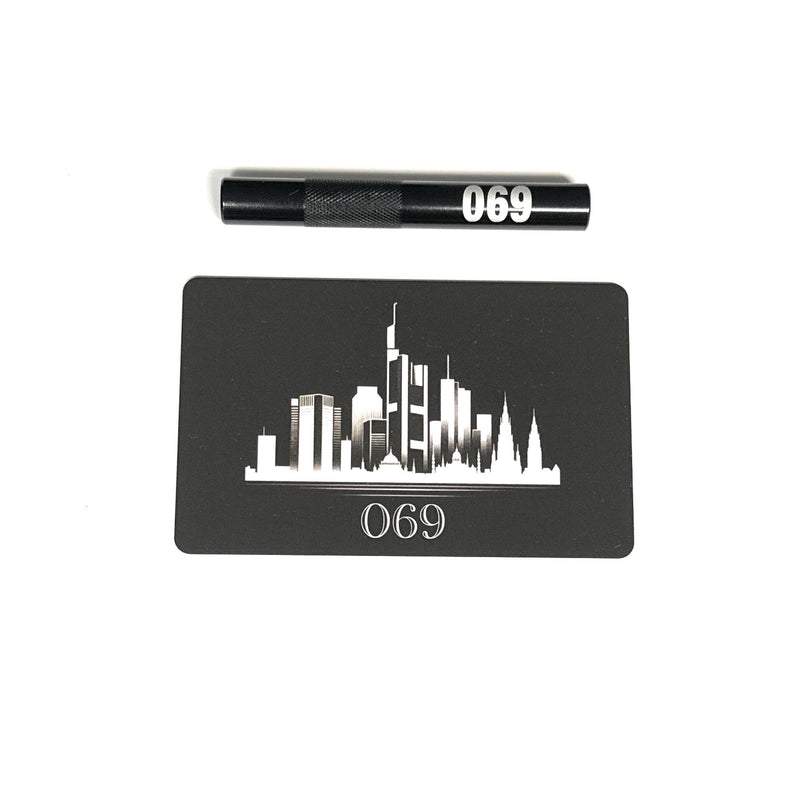 Aluminum tube set in black/ribbed (70mm) with laser engraving and hack card “069” Frankfurt