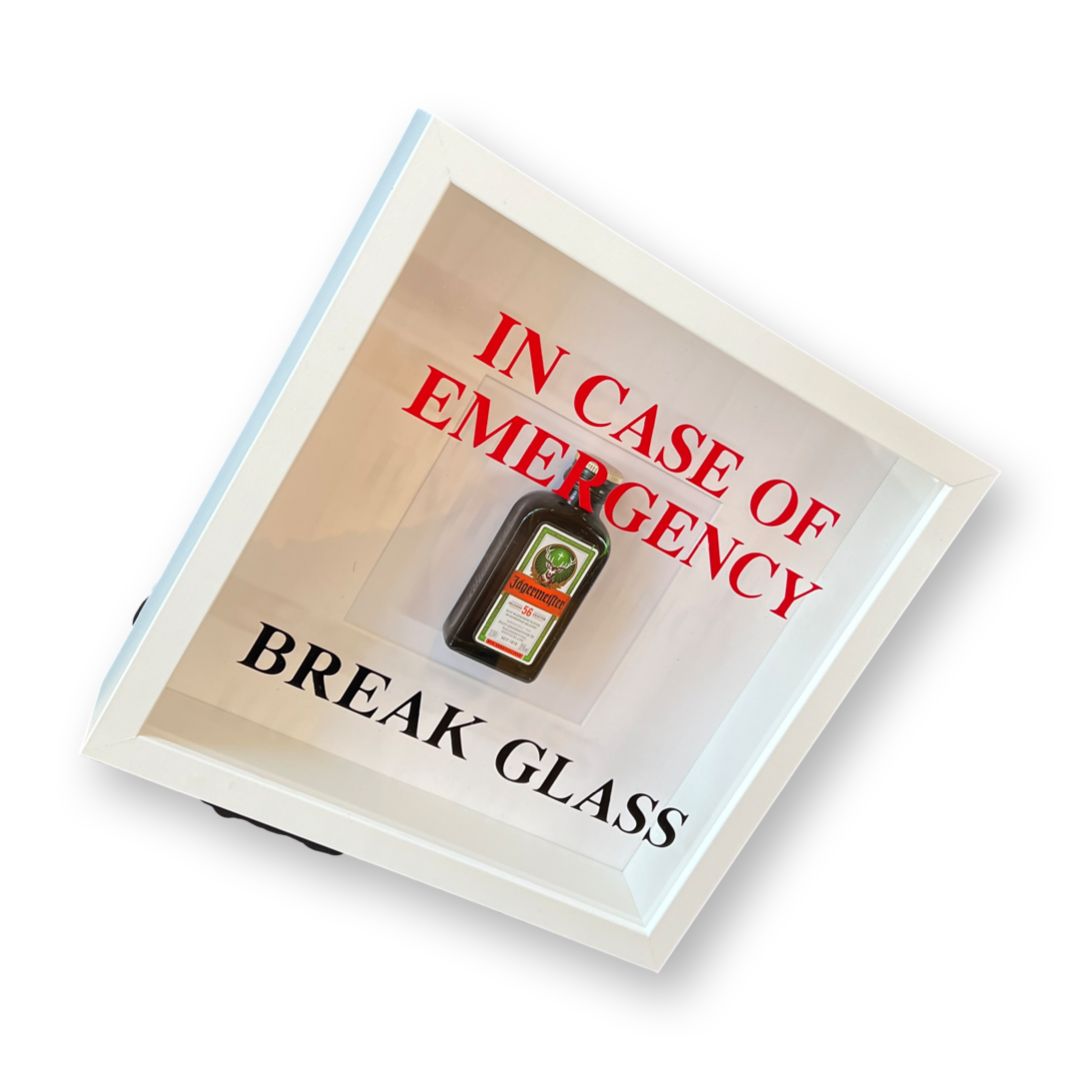 Wall decoration "In Emergency Break Glass" – Jägermeister design white frame