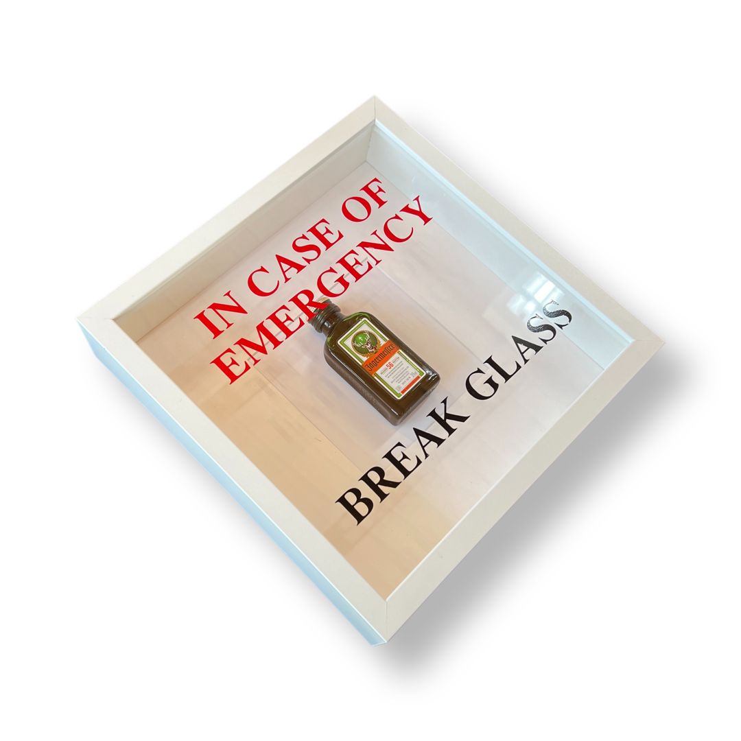 Wall decoration "In Emergency Break Glass" – Jägermeister design white frame