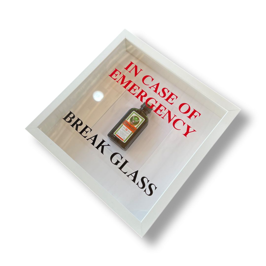 Wall decoration "In Emergency Break Glass" – Jägermeister design white frame