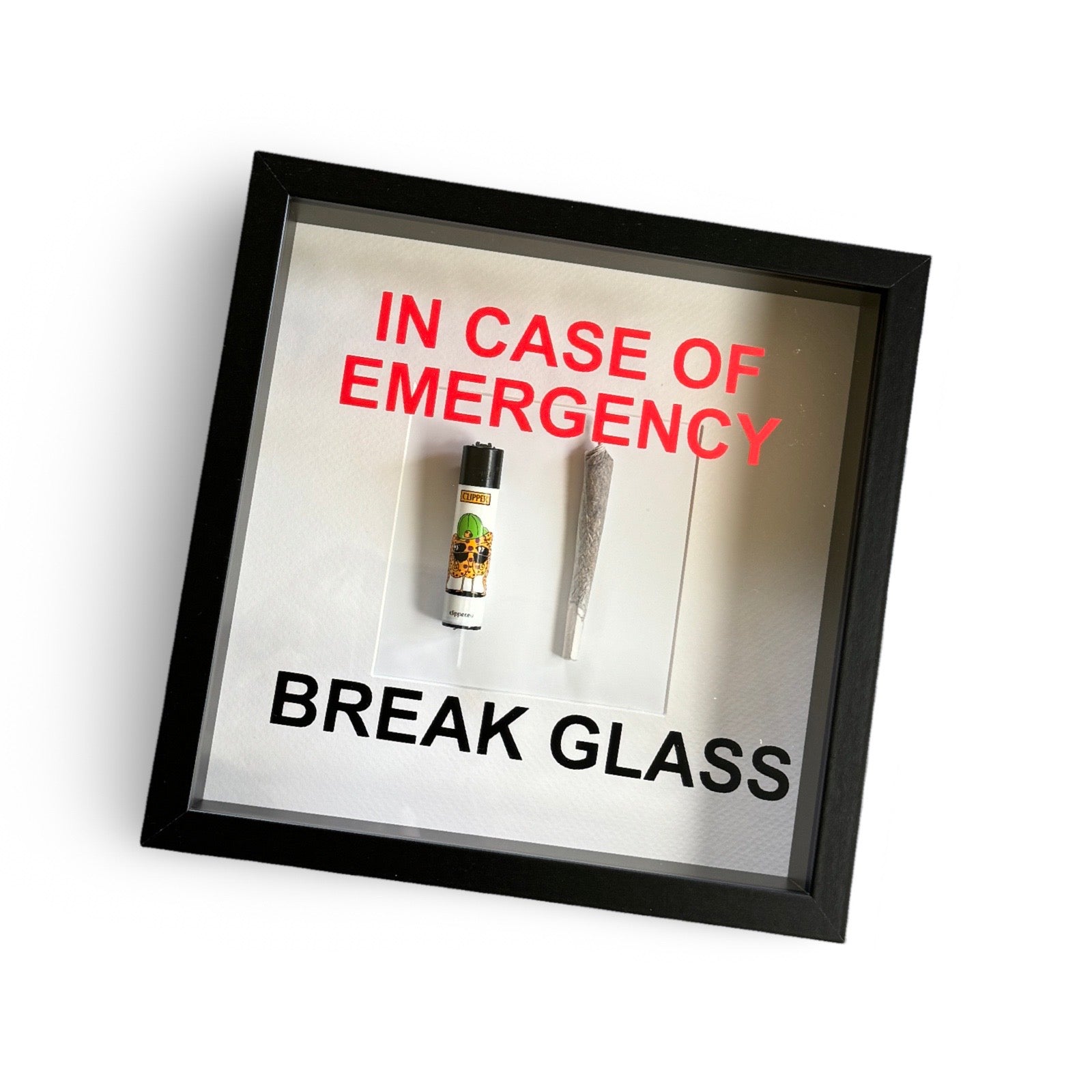 Wandschmuck "In Case of Emergency – Break Glass - Joint" Zwarte Lijst