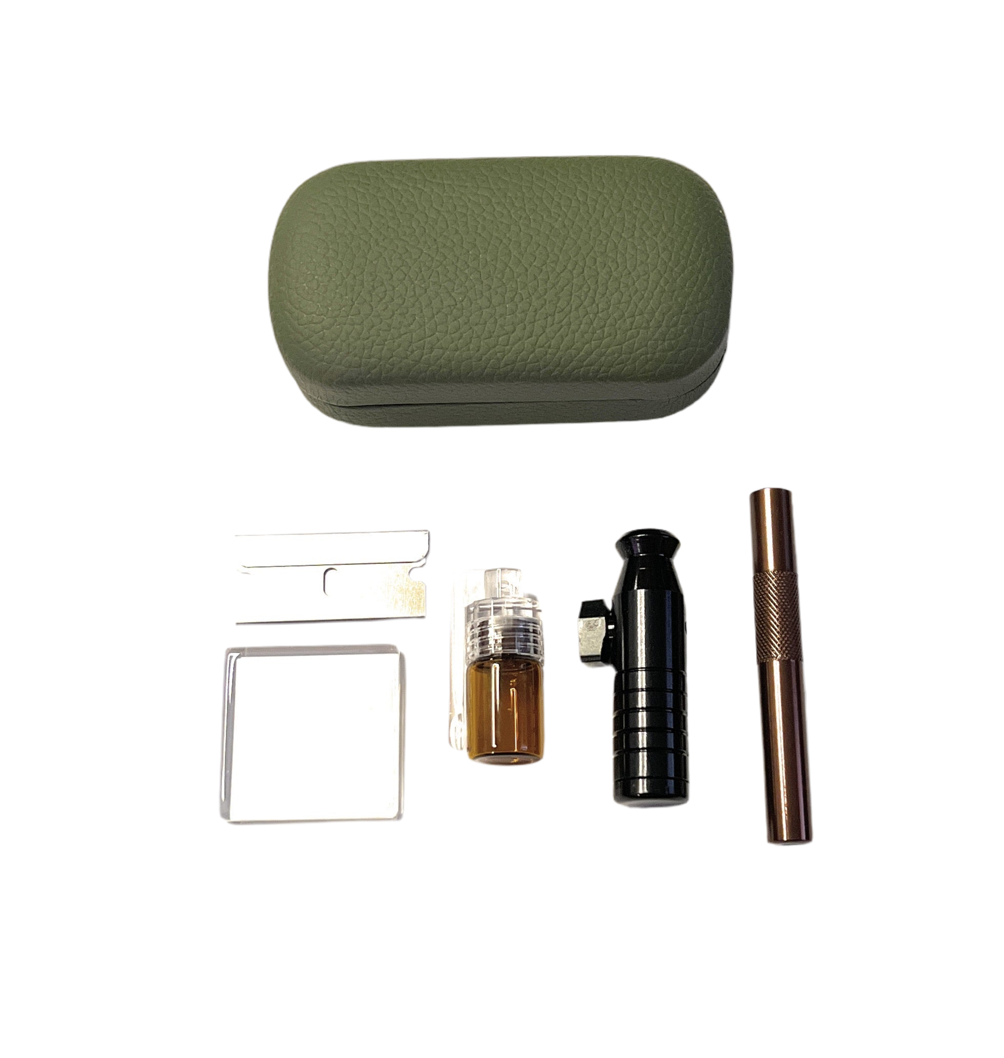 SET distributeur de tabac à priser Sniff Snuff Sniffer vert olive (tube, mini plaque en verre, distributeur avec cuillère, distributeur, lame) dans un étui rigide