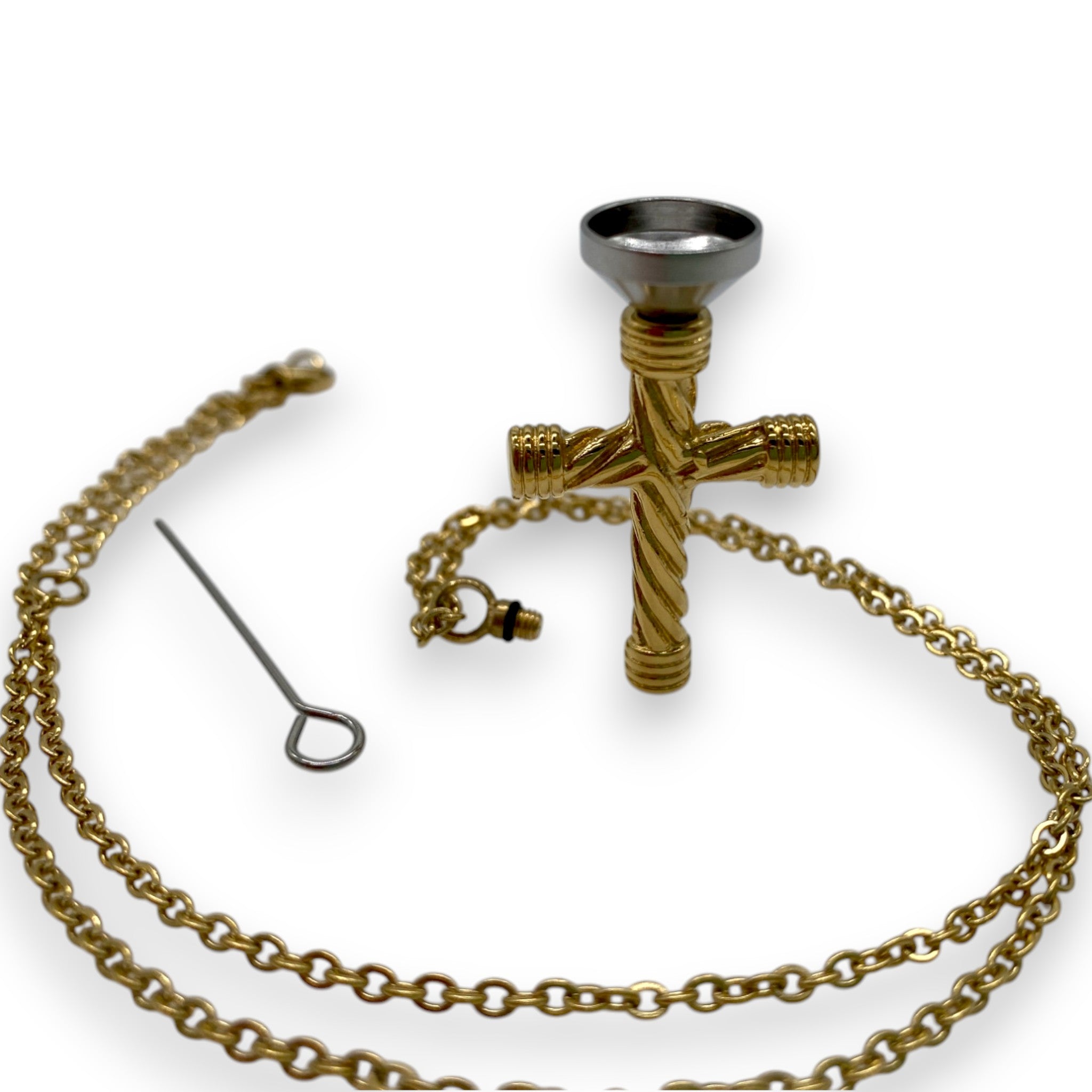 Stainless steel gold cross necklace with secret compartment and mini funnel