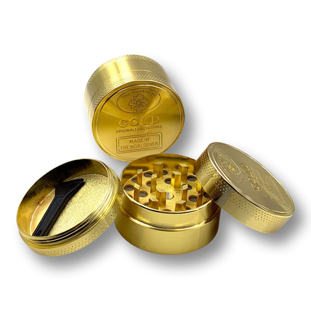 Gouden Aluminium Grinder (35mm x 40mm) – 4-delig met "Goud"-druk