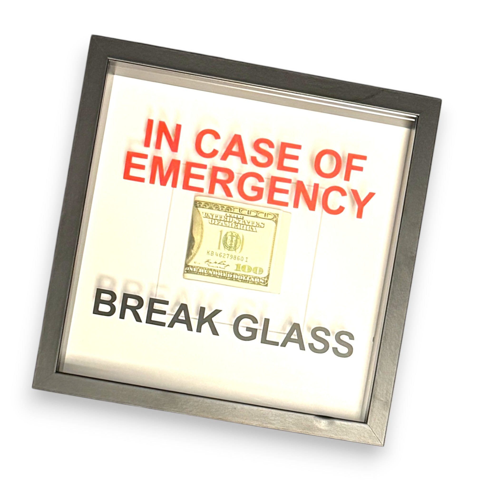 In Emergency Break Glass – tableau mural avec cadre en forme de billets de dollars noir