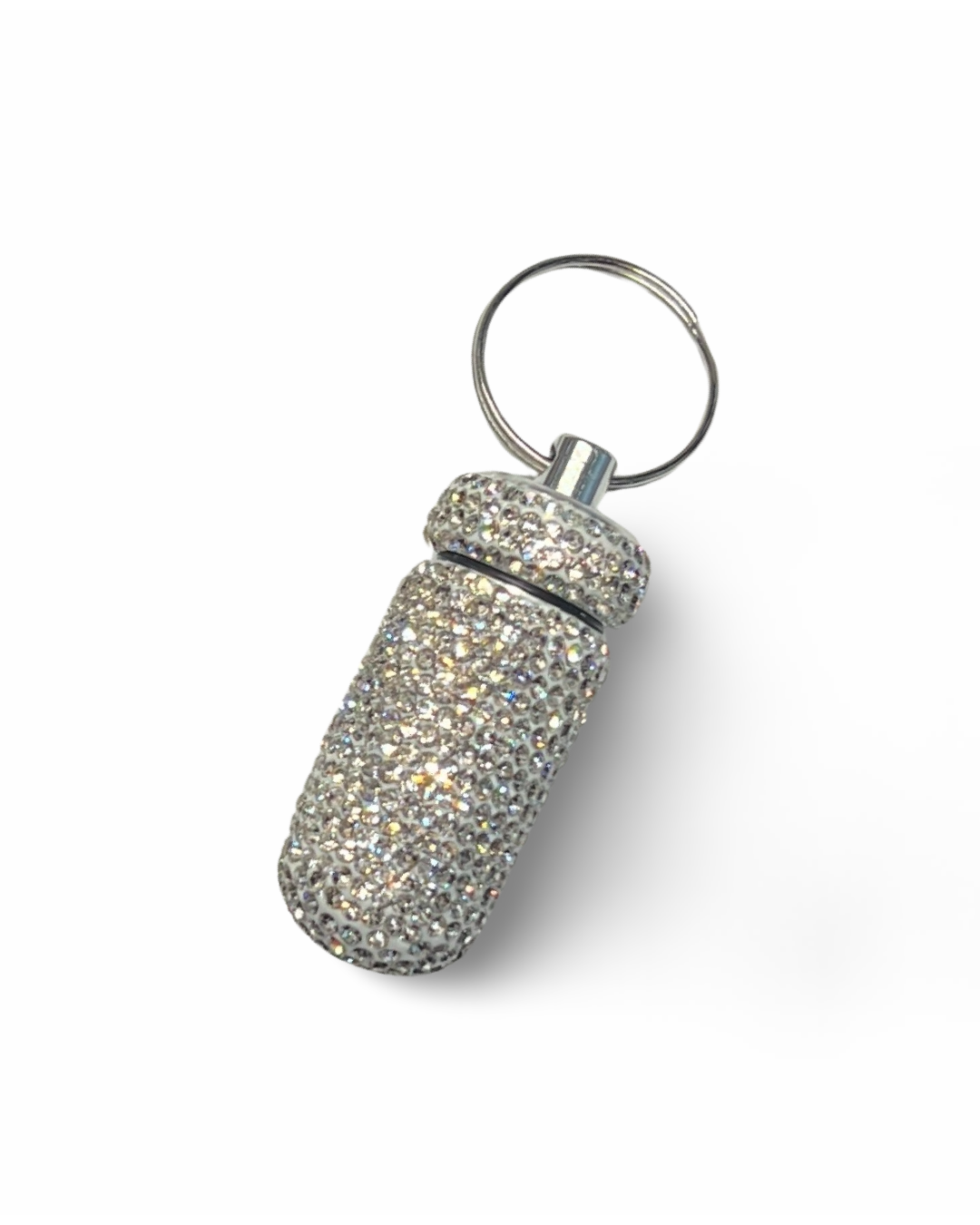 Storage box capsule aluminum pill box with screw cap and key ring rhinestone decoration silver