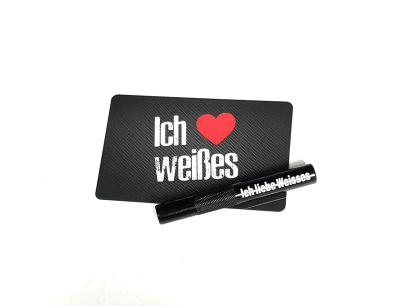 Aluminum tube set in black/ribbed (70mm) with laser engraving and hack card “I love white”