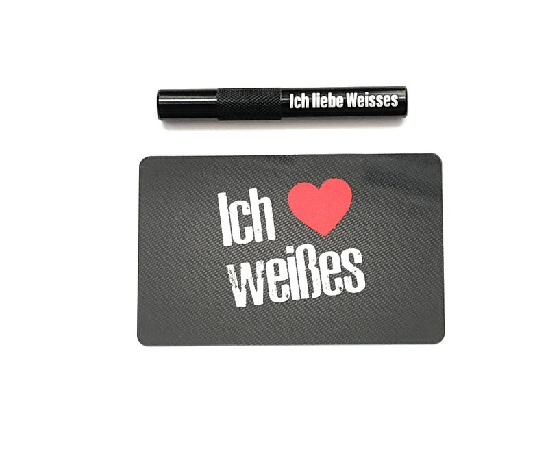 Alu Röhrchen Set in schwarz/geriffelt (70mm) mit Laser Gravur und Hack-Karte „Ich liebe weisses"