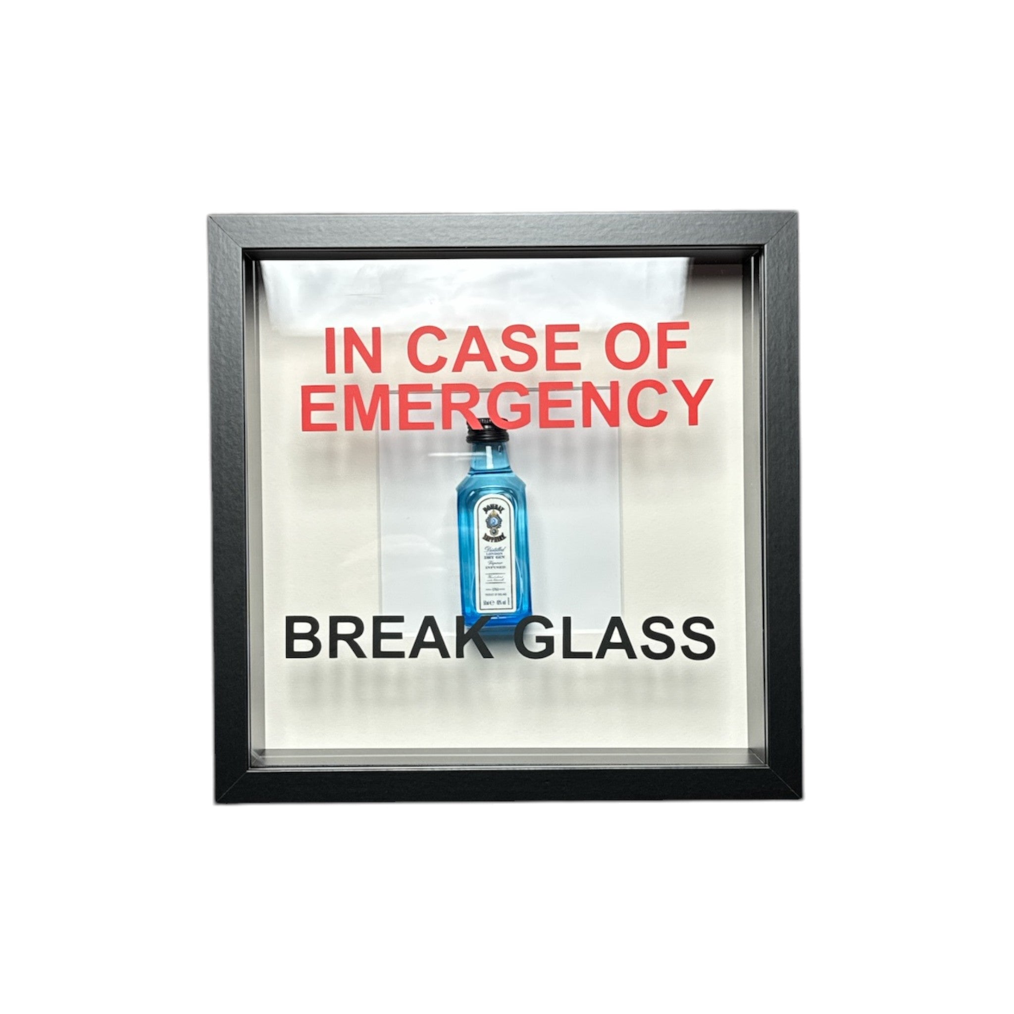 In Emergency Break Glass – Wall Art with Bombay Sapphire Gin in Black Frame