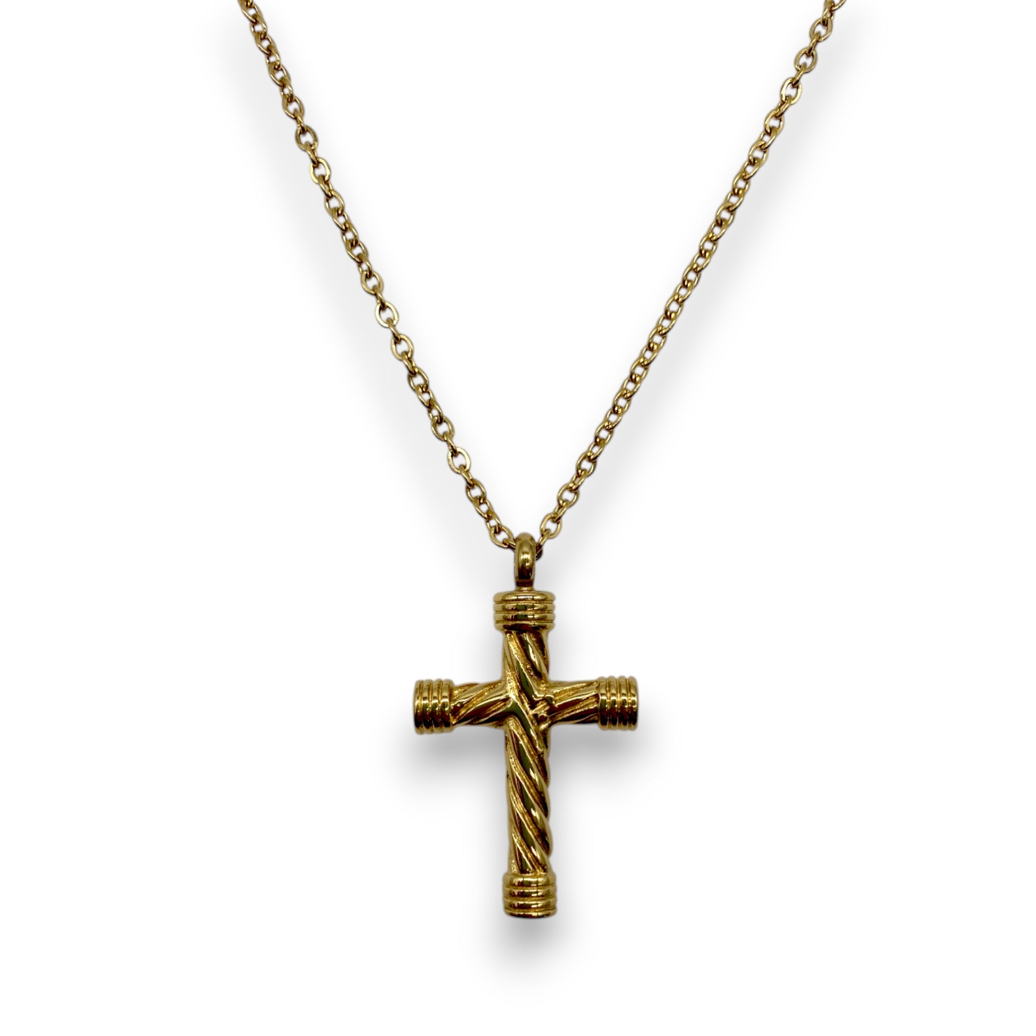 Stainless steel gold cross necklace with secret compartment and mini funnel