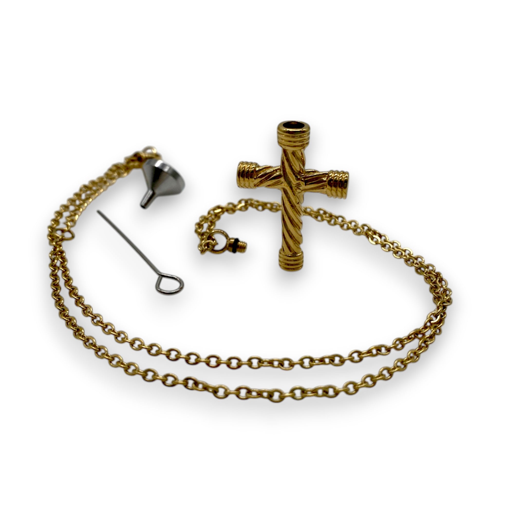 Stainless steel gold cross necklace with secret compartment and mini funnel