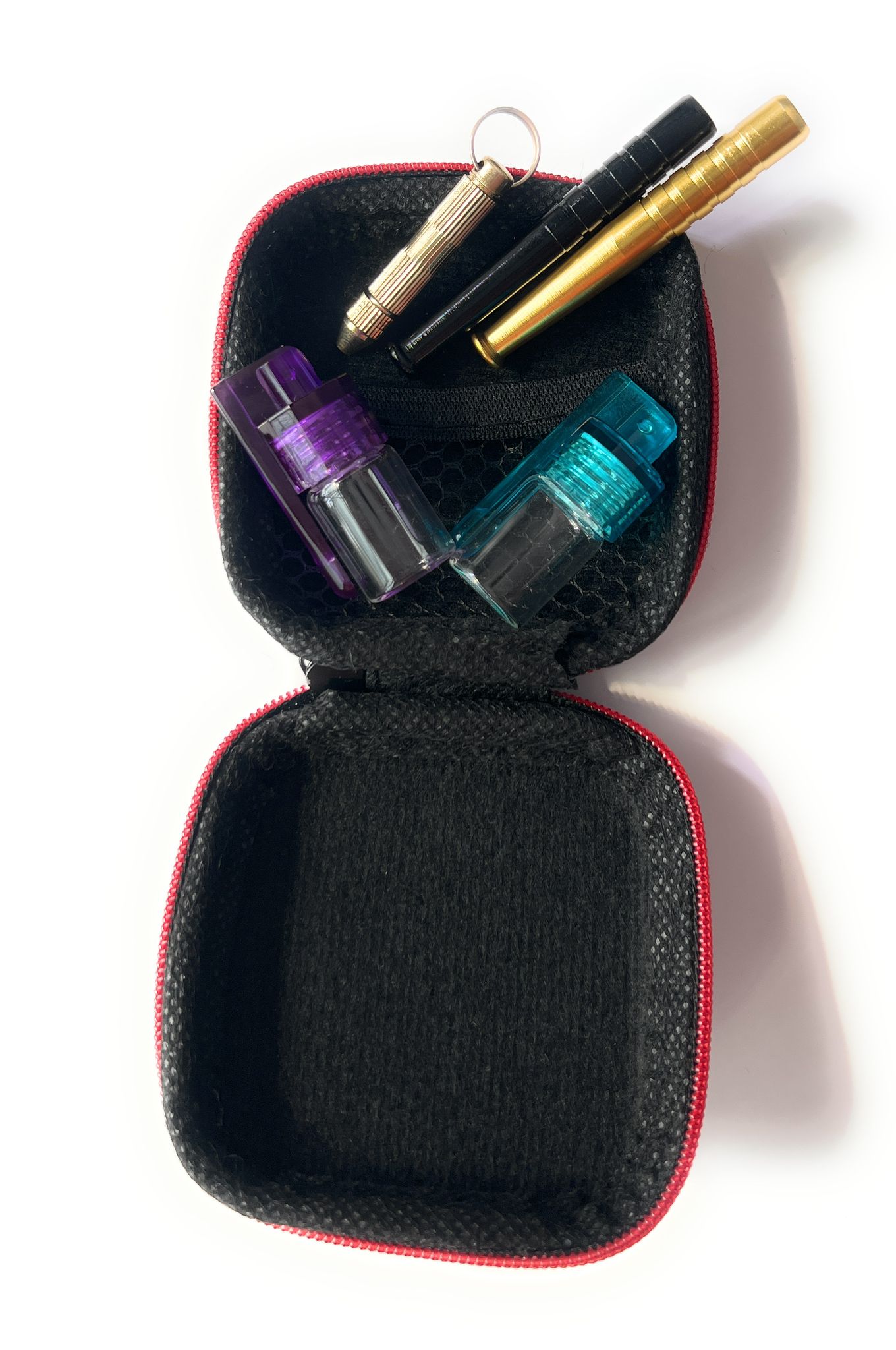 Elegant snuff set, small hard case snuff set deluxe in a black case with two tubes, two doses and a small spoon