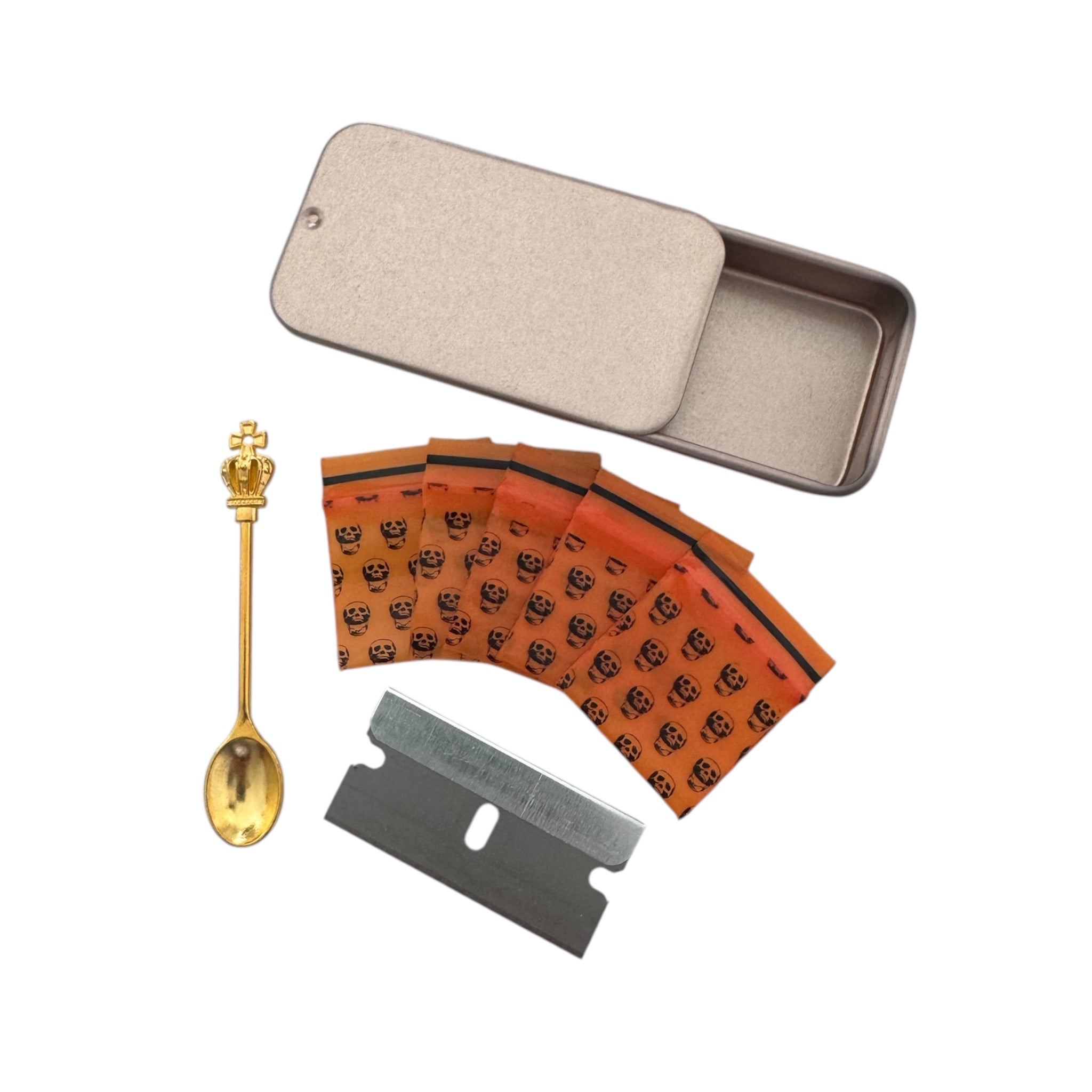 Pill box – 6 colors to choose from – Includes mini zip bag, blade & spoon with crown decoration