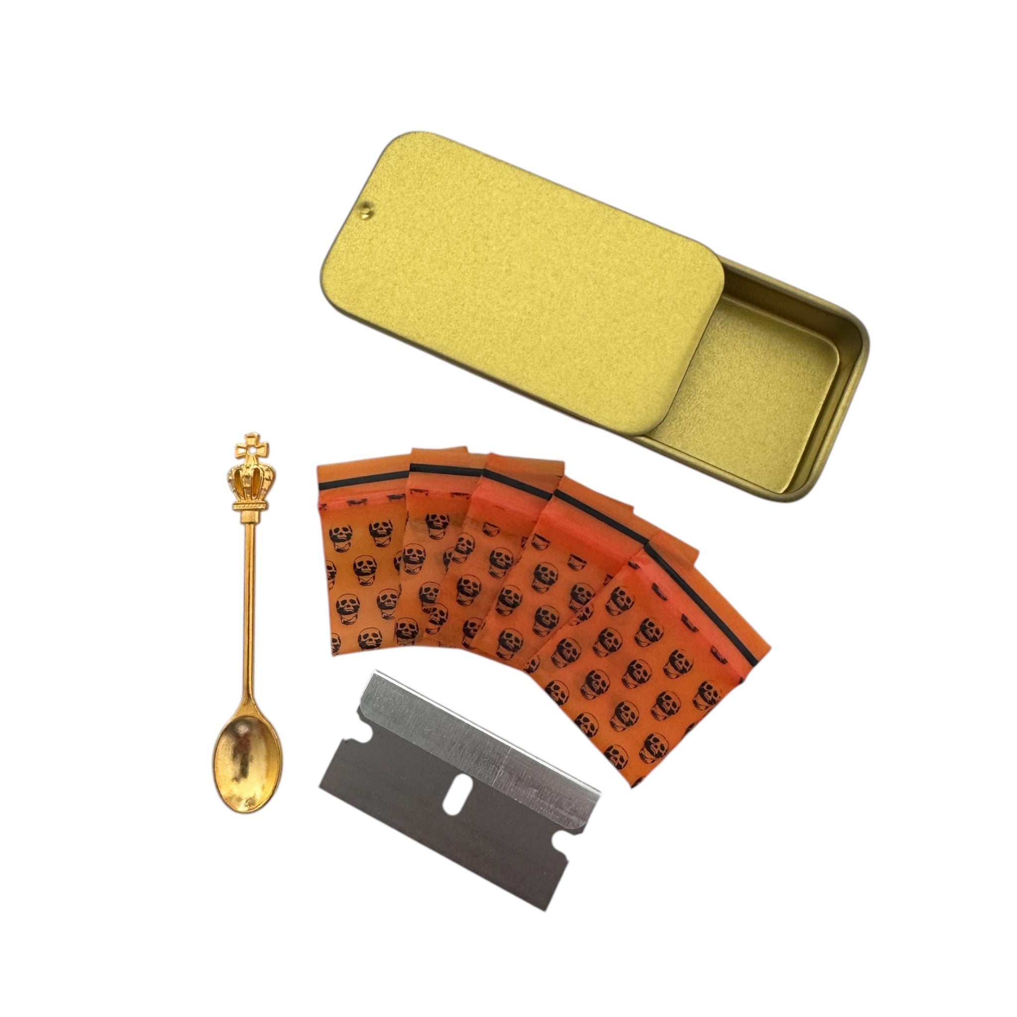 Pill box – 6 colors to choose from – Includes mini zip bag, blade & spoon with crown decoration