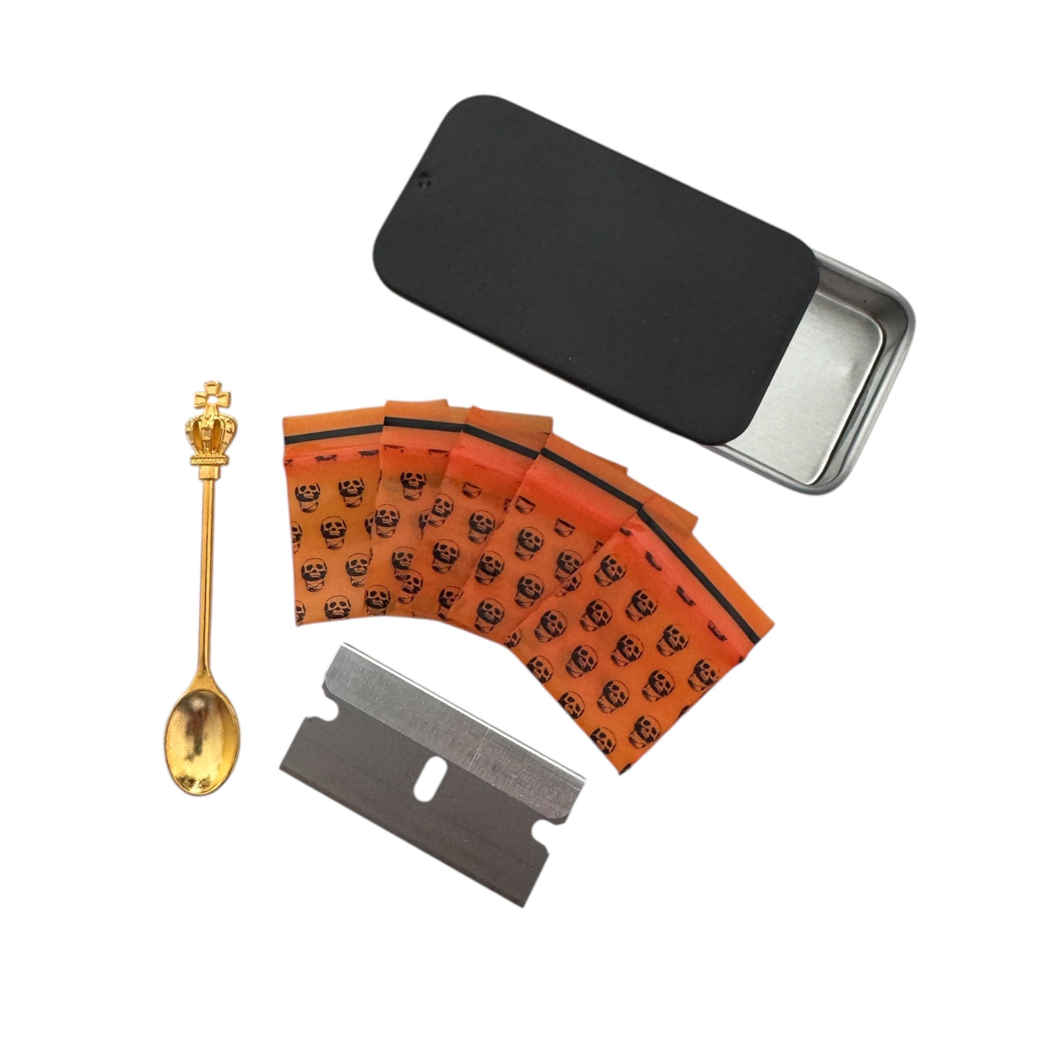 Pill box – 6 colors to choose from – Includes mini zip bag, blade & spoon with crown decoration