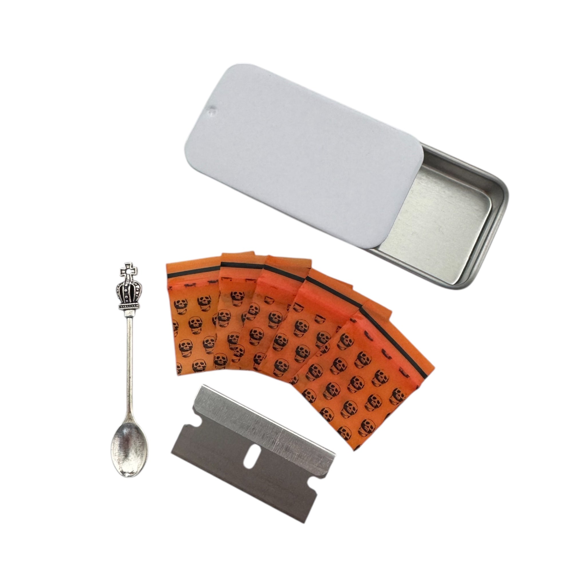 Pill box – 6 colors to choose from – Includes mini zip bag, blade & spoon with crown decoration