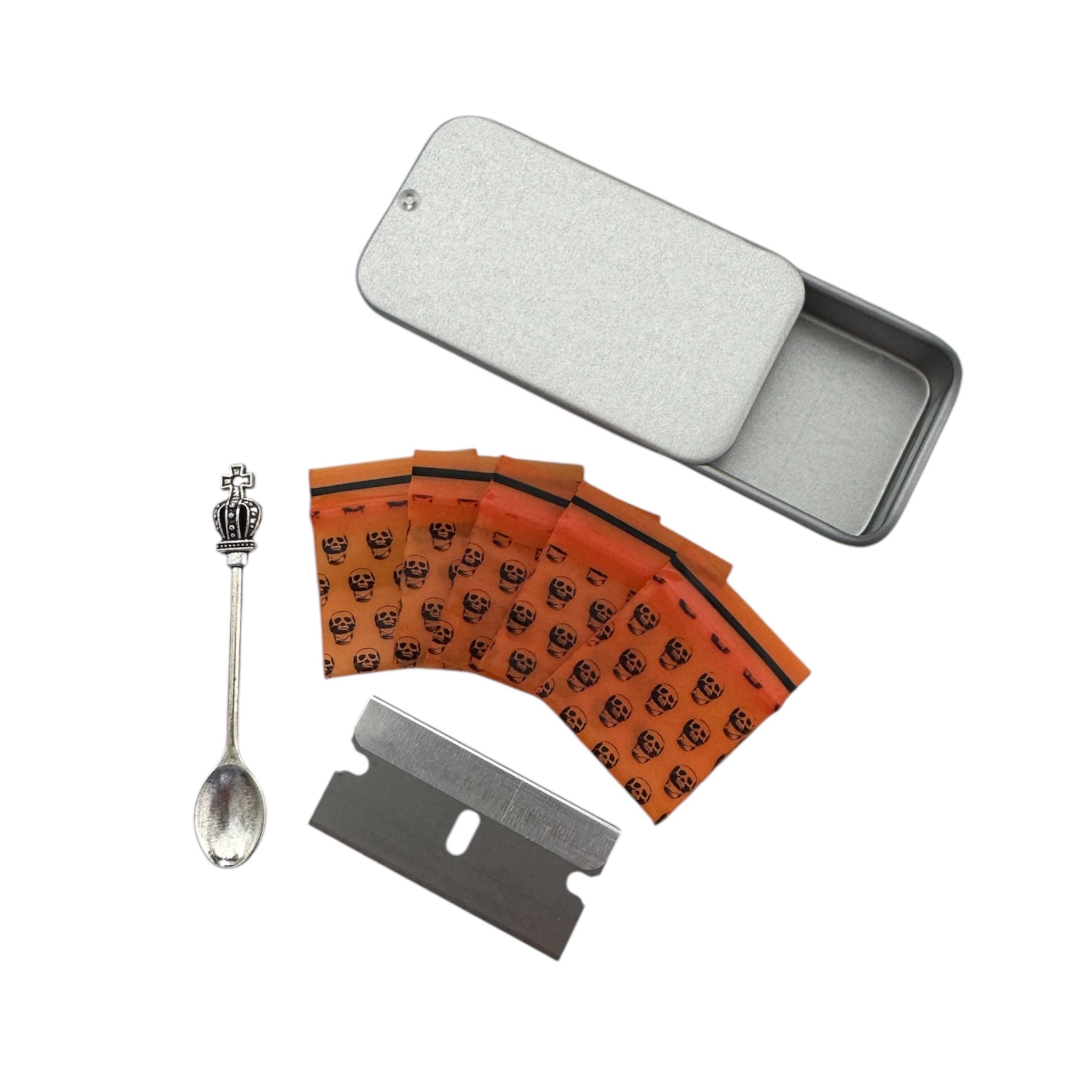 Pill box – 6 colors to choose from – Includes mini zip bag, blade & spoon with crown decoration