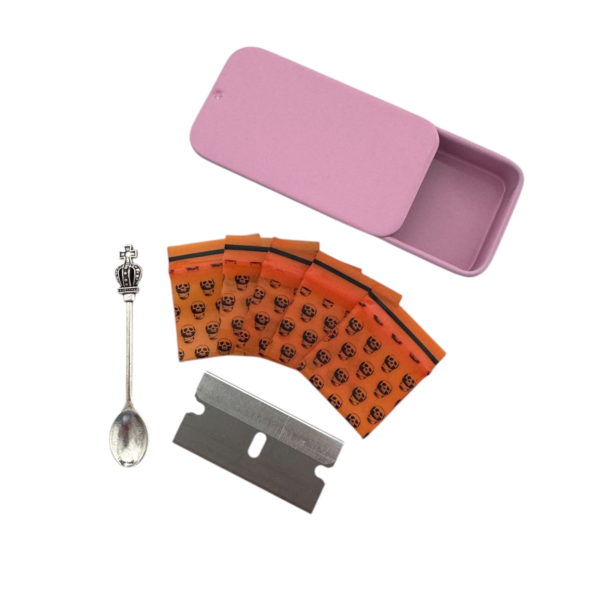 Pill box – 6 colors to choose from – Includes mini zip bag, blade & spoon with crown decoration