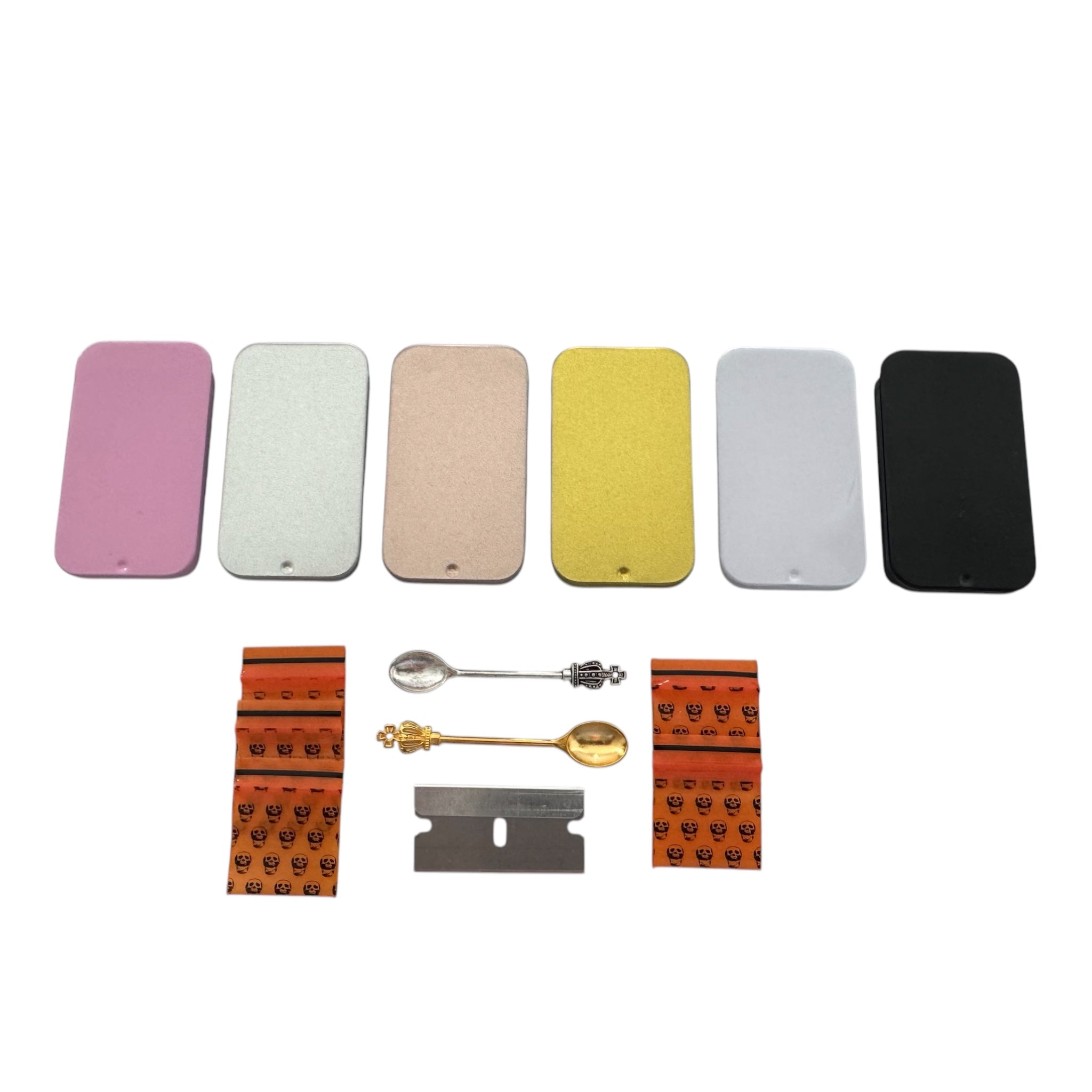 Pill box – 6 colors to choose from – Includes mini zip bag, blade & spoon with crown decoration