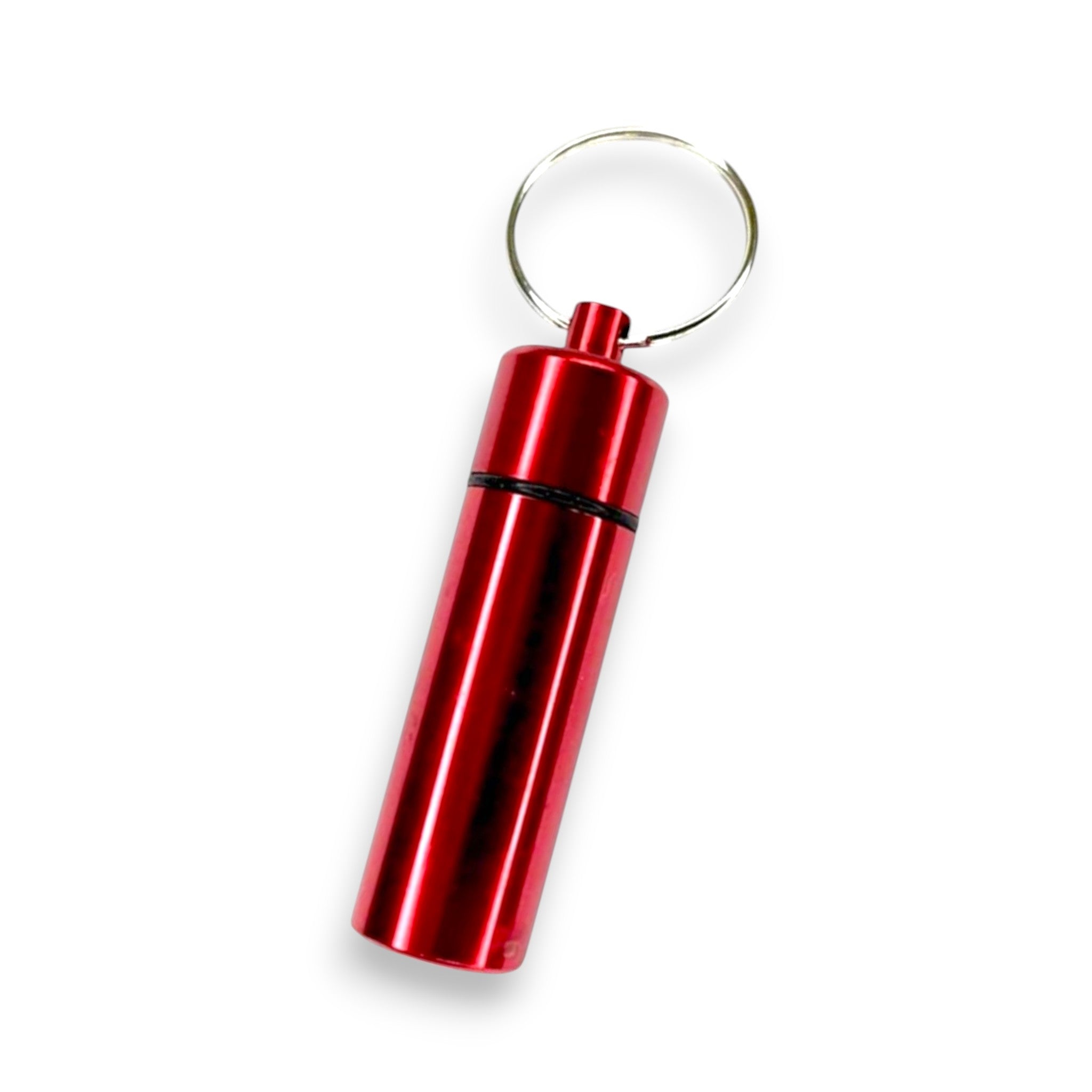 Lockable aluminum pill box as a key ring in red