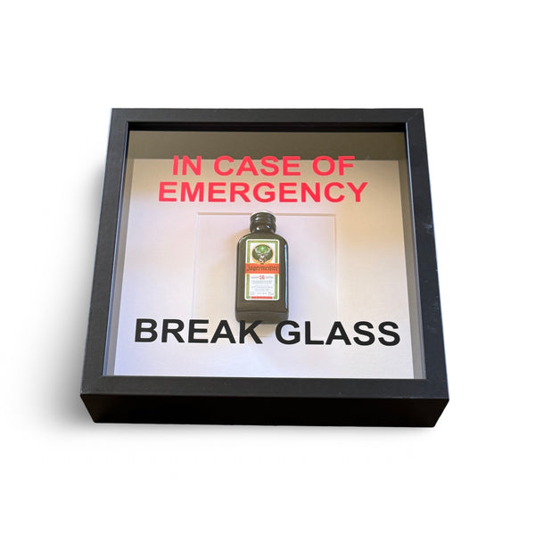 Mural/picture “In Emergency - Break Glass - Jägermeister fun with black picture frame