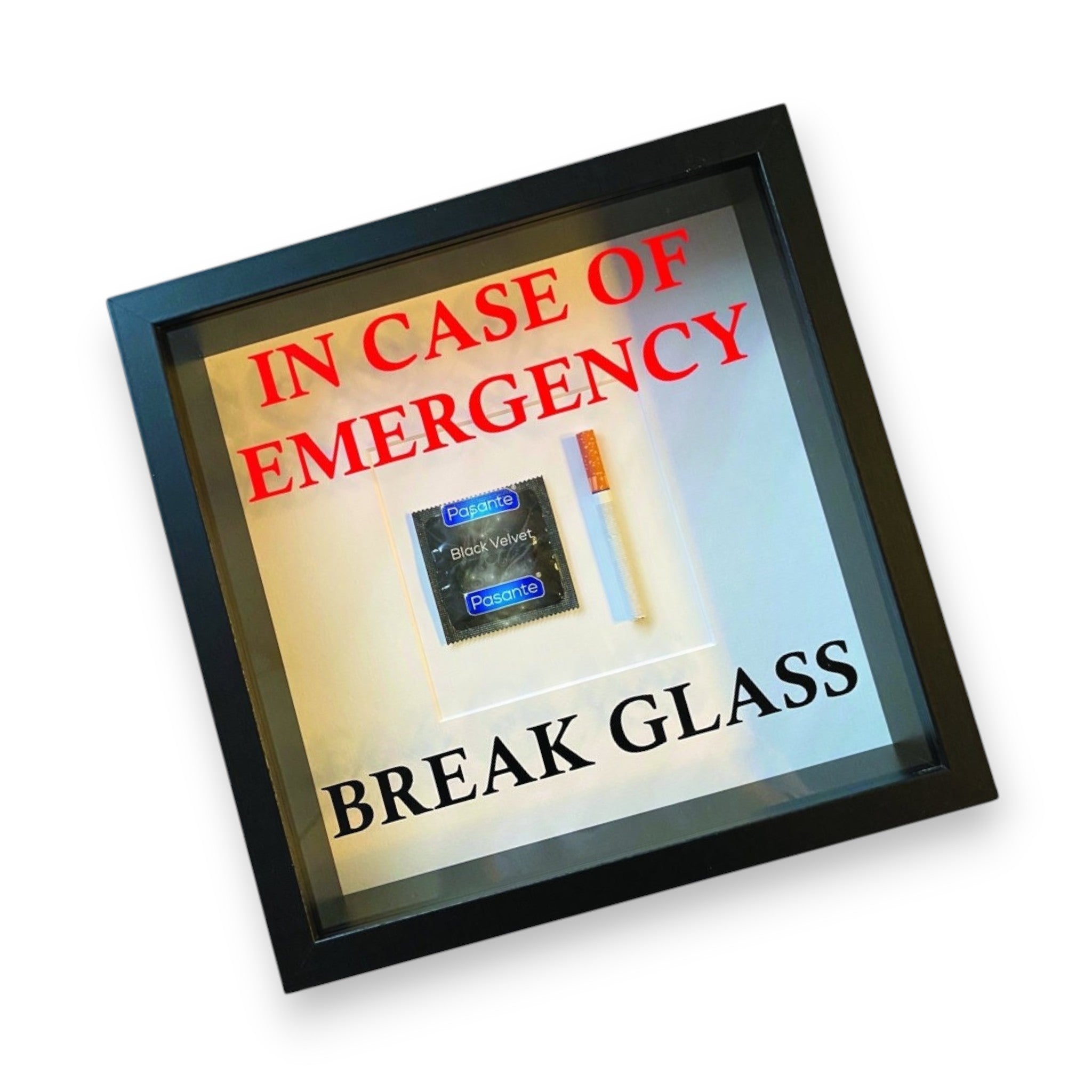 In Emergency Break Glass - Condom/Cigarette Black Frame Wall Art