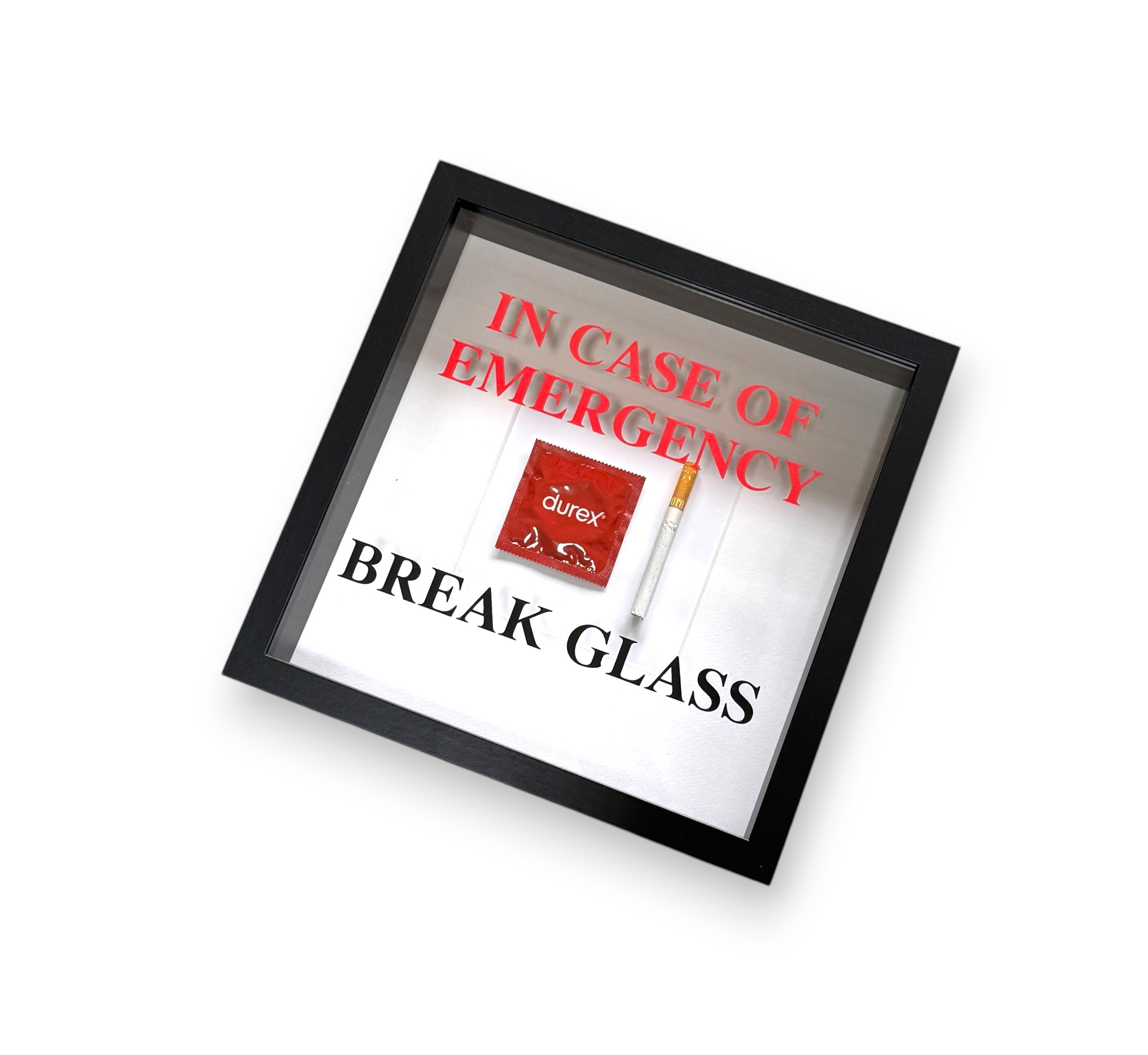 In Emergency Break Glass - Condom/Cigarette Black Frame Wall Art