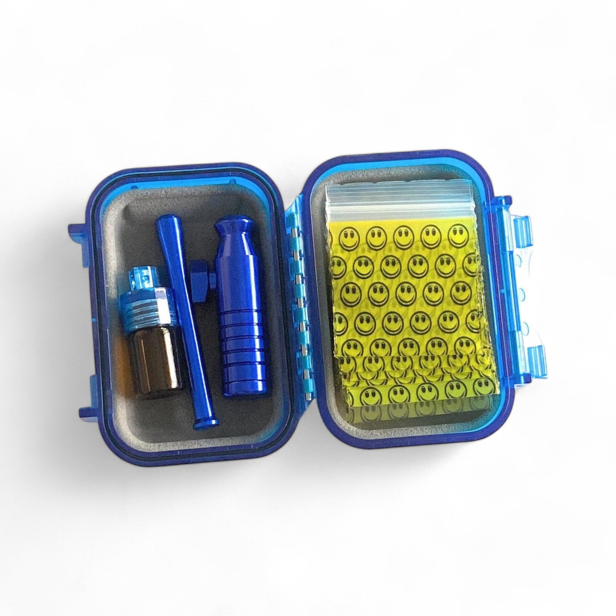 Hard Case Schnupftabak Set "Locker" mit Alu Dosierer, Spender mit Löffel, Ziehröhrchen & Tütchen mit Clip wasserdicht in blau Sniff Snuff