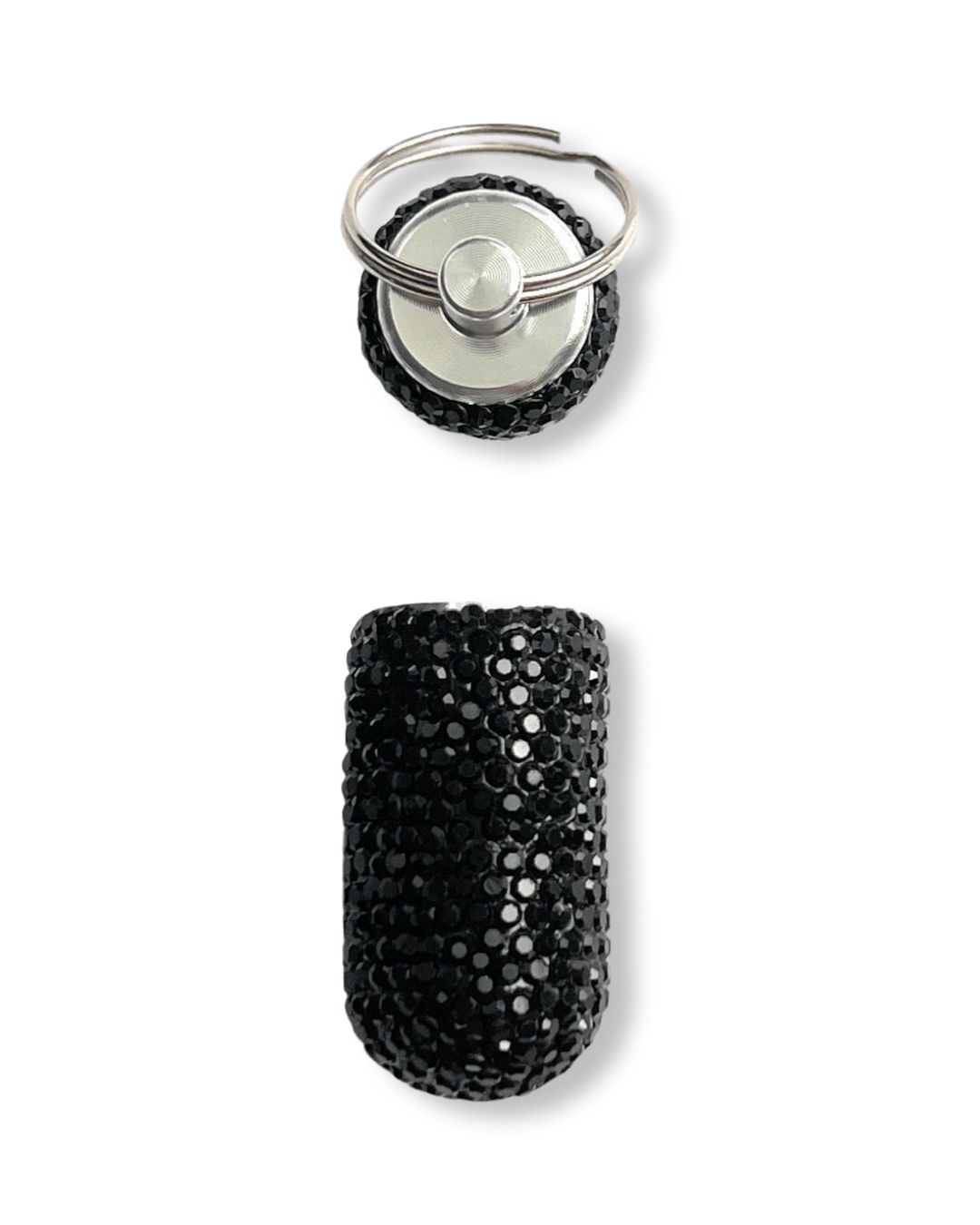 Storage box capsule aluminum pill box with screw cap and key ring with black rhinestone decoration