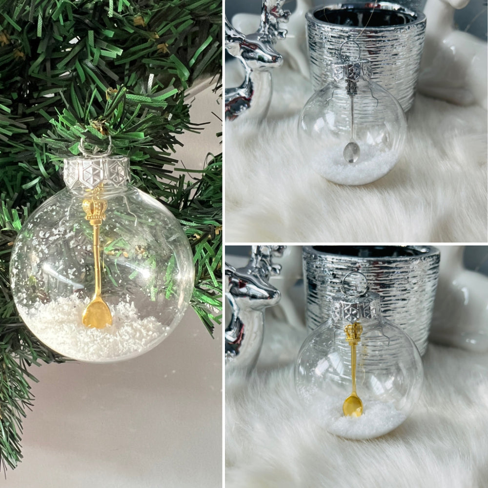 Esfera de Navidad con nieve artificial y cuchara – La decoración navideña especial