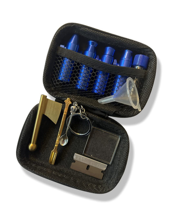 Storage container case with 4x aluminum bullet dispensers, 1x glass storage box, 1x aluminum hatchet, 1x spoon, 1x pendant spoon, 1x mini glass plate, 1x razor blade & mini funnel for snuff blue