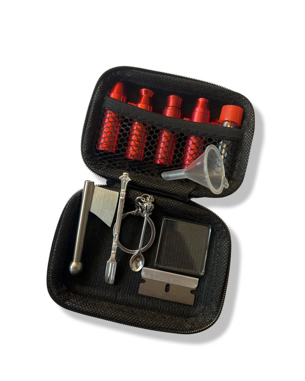 Storage container case with 4x aluminum bullet dispensers, 1x glass storage box, 1x aluminum hatchet, 1x spoon, 1x pendant spoon, 1x mini glass plate, 1x razor blade & mini funnel for snuff red