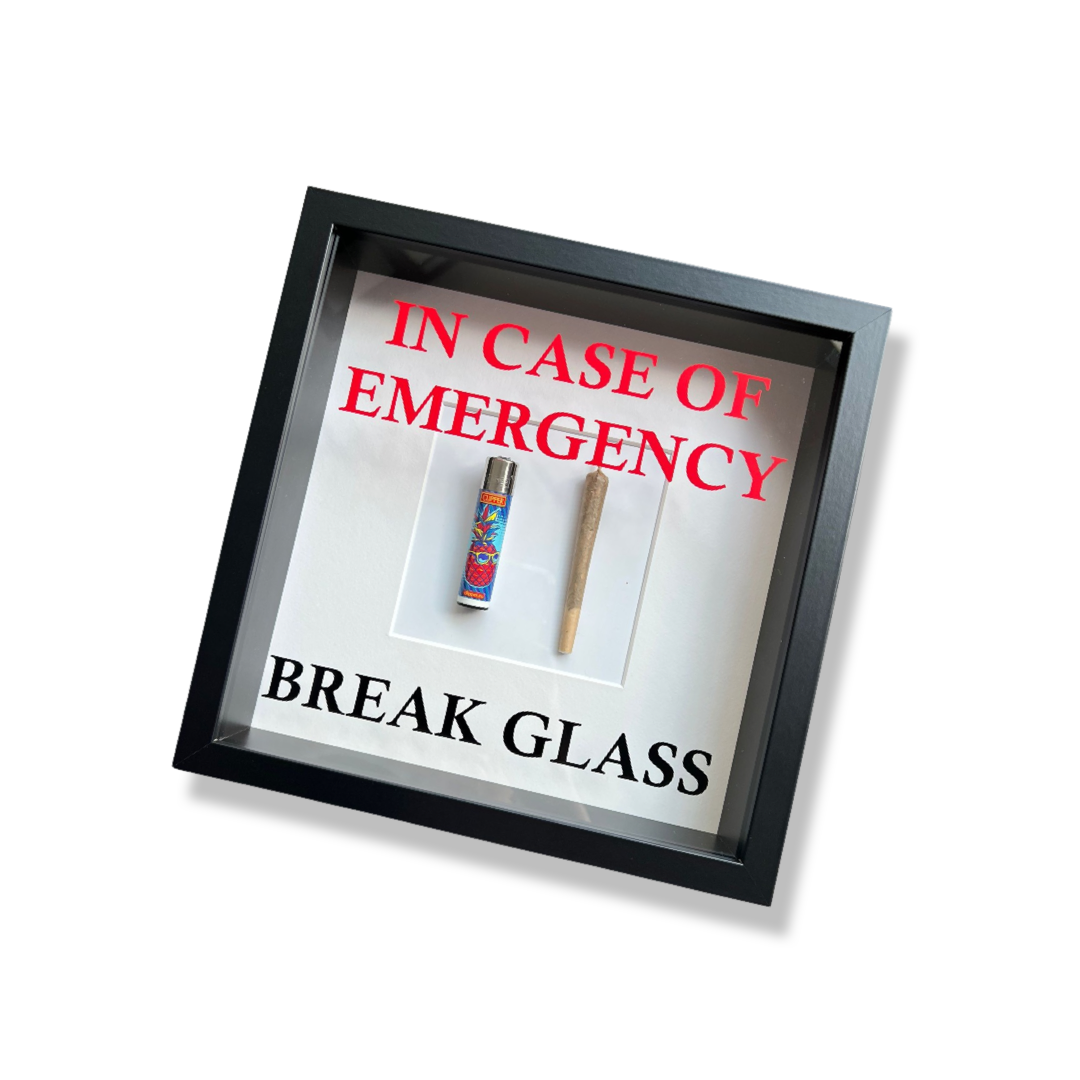 Wandschmuck "In Case of Emergency – Break Glass - Joint" Zwarte Lijst