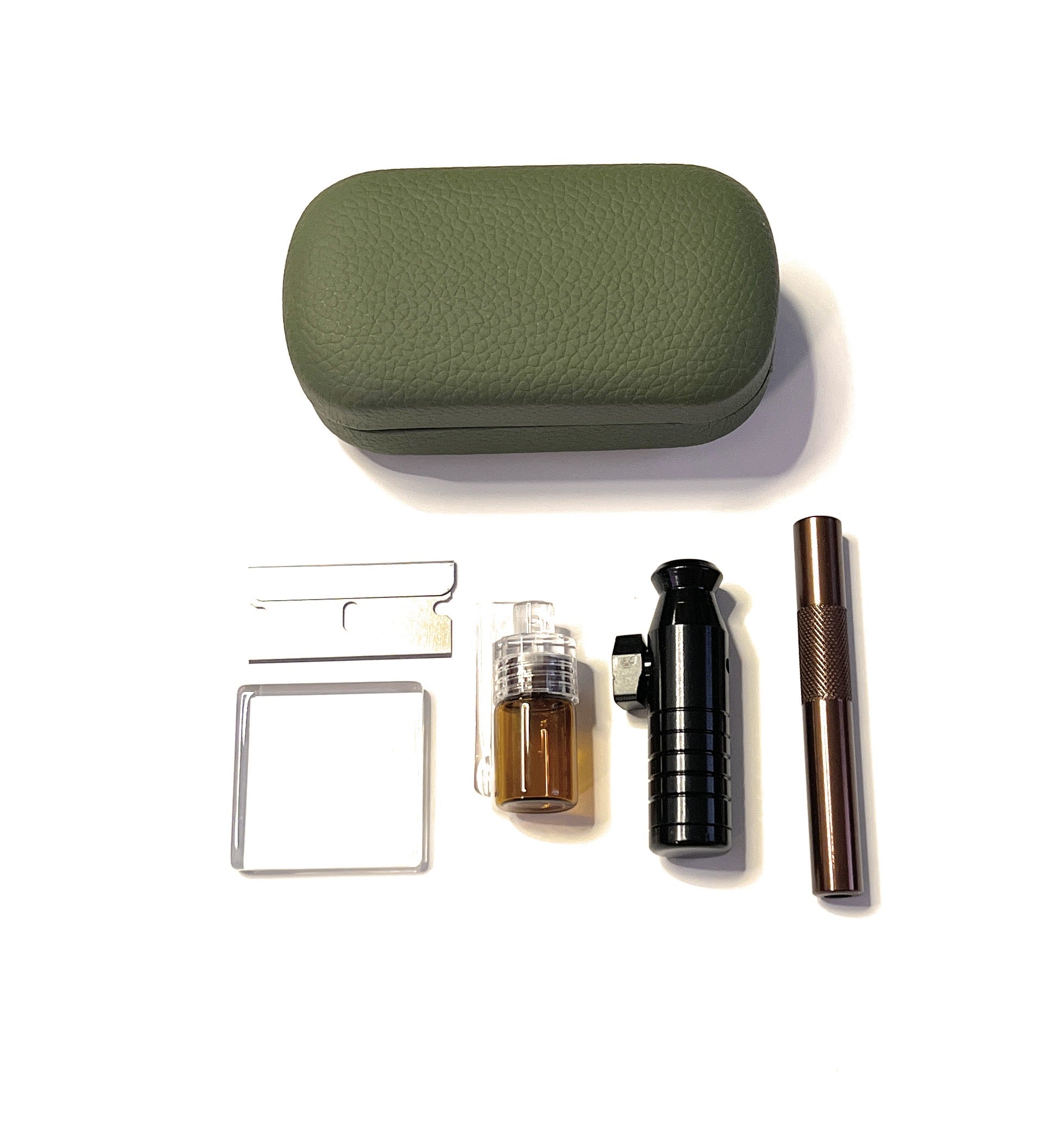 SET olive green Sniff Snuff Sniffer snuff dispenser dispenser (tube, mini glass plate, dispenser with spoon, dispenser, blade) in hard case