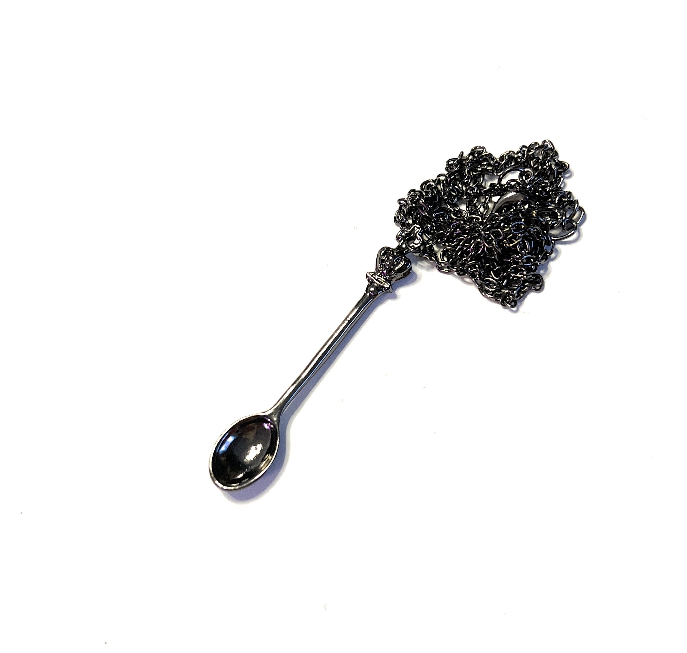 Mini Spoon Pendant Charm with Necklace in Black, Length Approx. 40cm Chain Sniffer Snorter Snuff Snorter Powder Spoon Chain