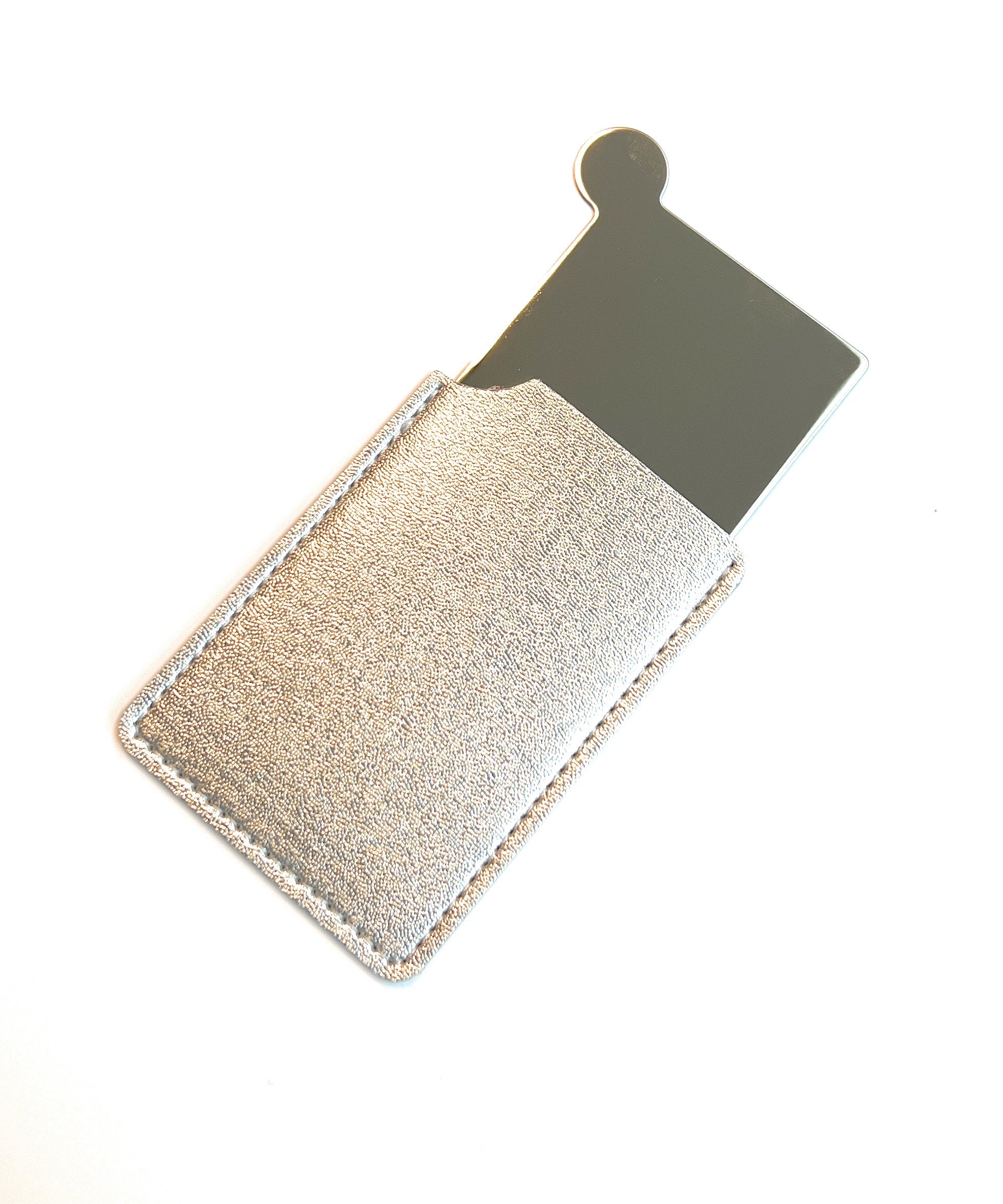 Mini mirror to-go in a protective case including a pull and chop card, ideal for on the go