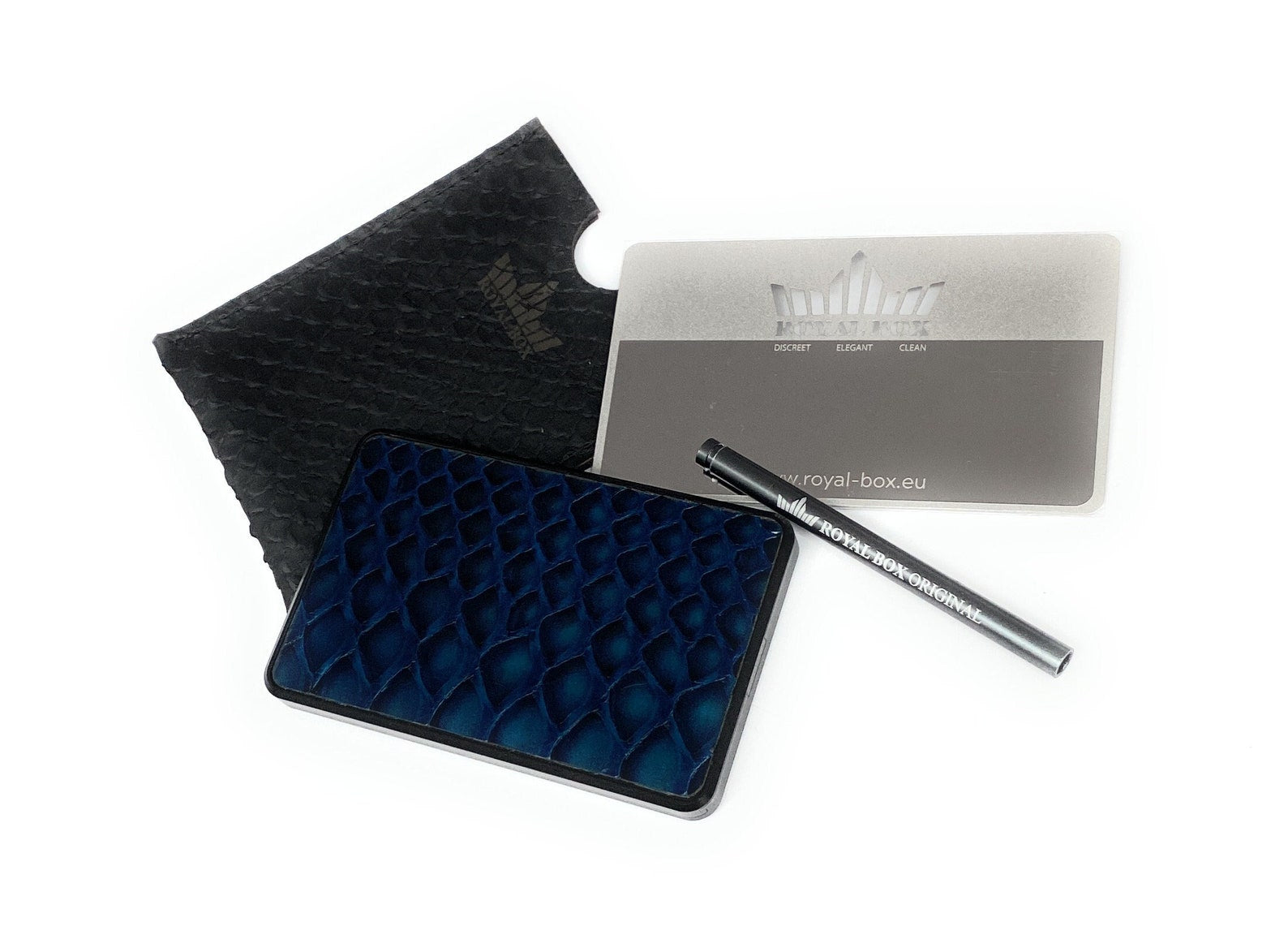 Royal Box Premium made of genuine lizard leather in dark blue including 2 tubes, card and leather case, stylish, elegant, super exclusive Royal box made of leather