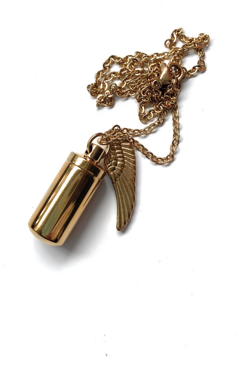 Necklace with fillable capsule and wing pendant (approx. 25cm) chain cylinder necklace pendant for screwing made of stainless steel in gold